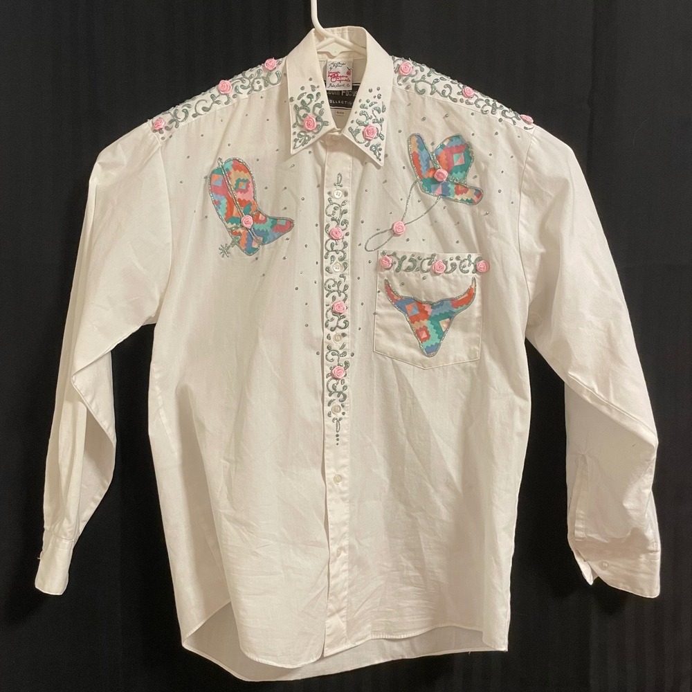 Vintage Western Hand Painted Women Shirt S White Laura Rogers Originals